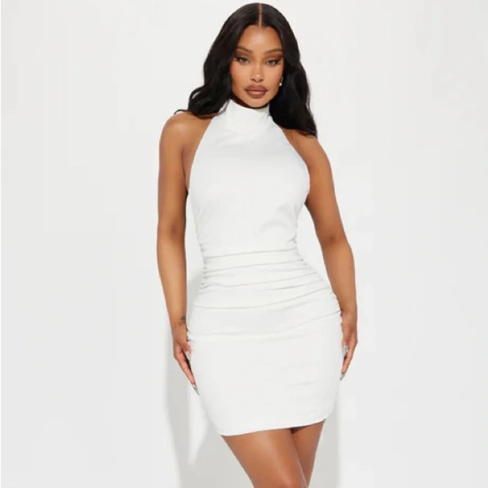 White Ruched Halter Mini Dress - Picture 4 of 6